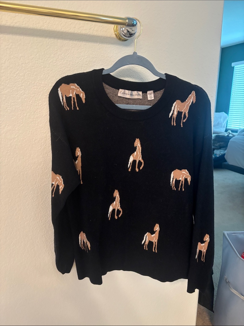 Country Road Black Crewneck Sweater with Tan Horse Intarsia